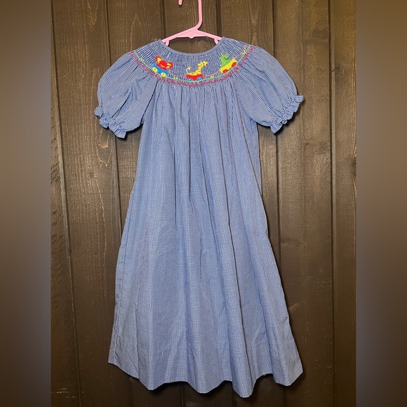 Anavini Hand Smocked Blue Checkered  Dress Long Girls Sz 5 Zoo Animals EUC. - Picture 1 of 9
